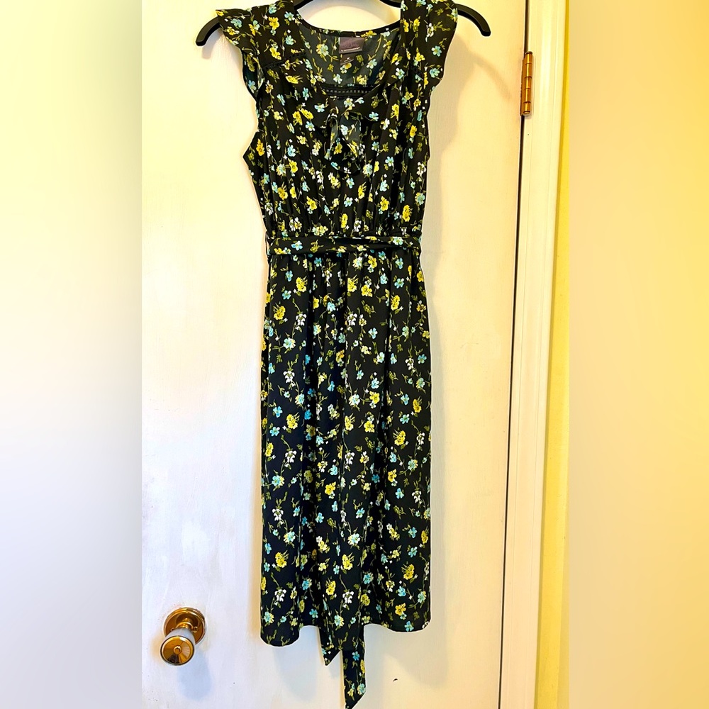 Oh Baby By Motherhood Maternity Black Sun Dress Yellow Flowers Tie Belt size med